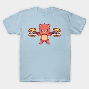 Cute Bear Lifting Honey Barrel Cartoon T-Shirt